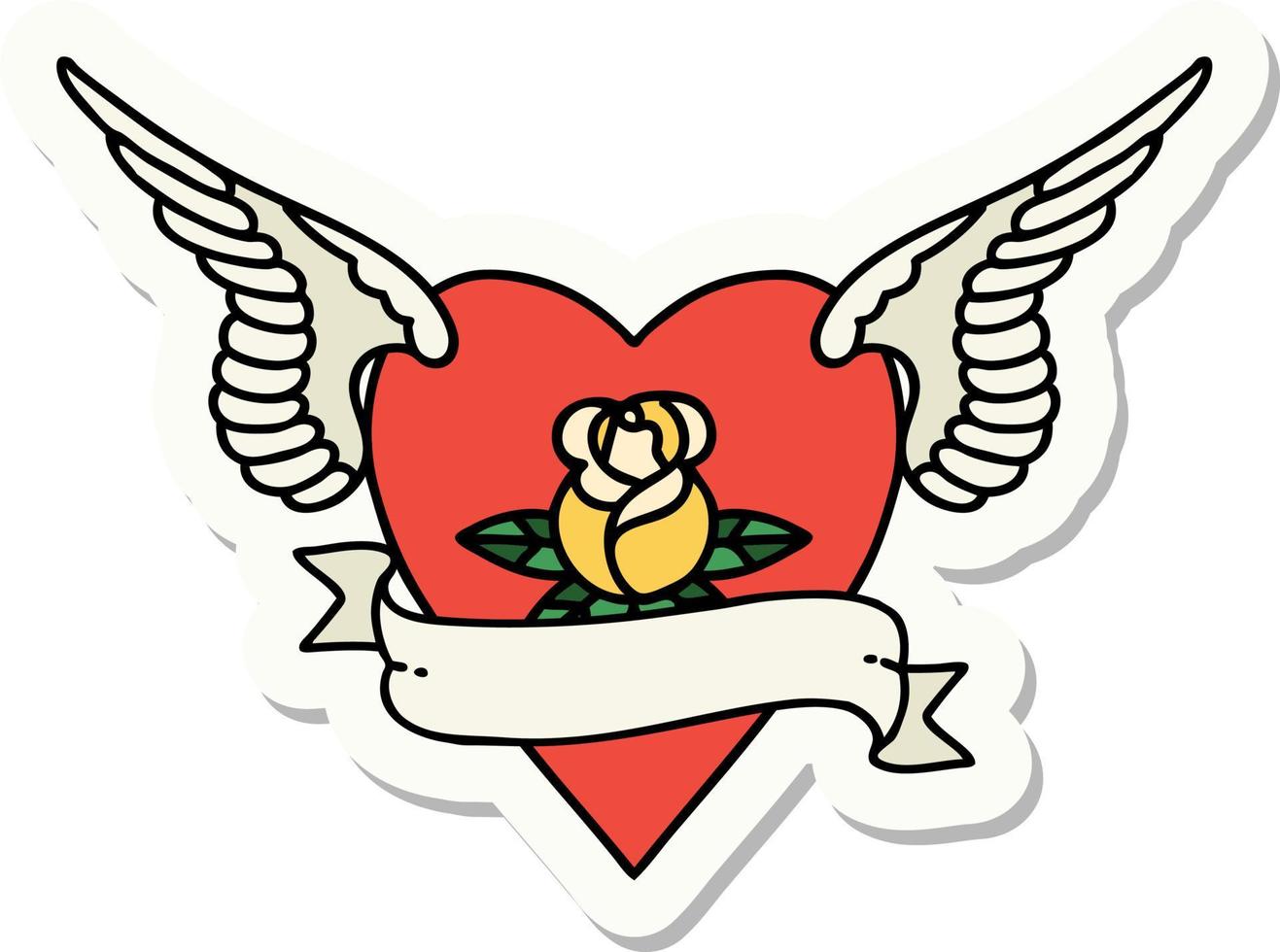 sticker van tatoeëren in traditioneel stijl van hart met Vleugels een roos en banier vector