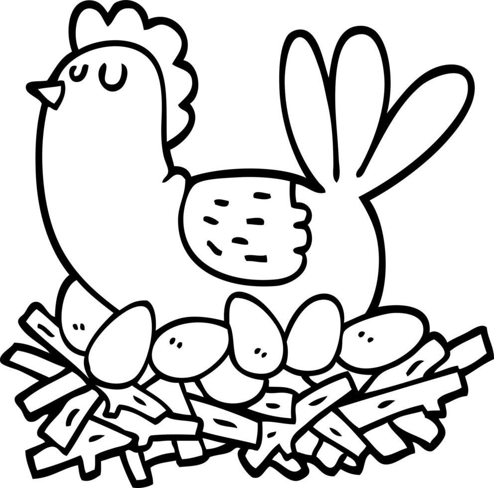 zwart en wit tekenfilm kip Aan nest van eieren vector