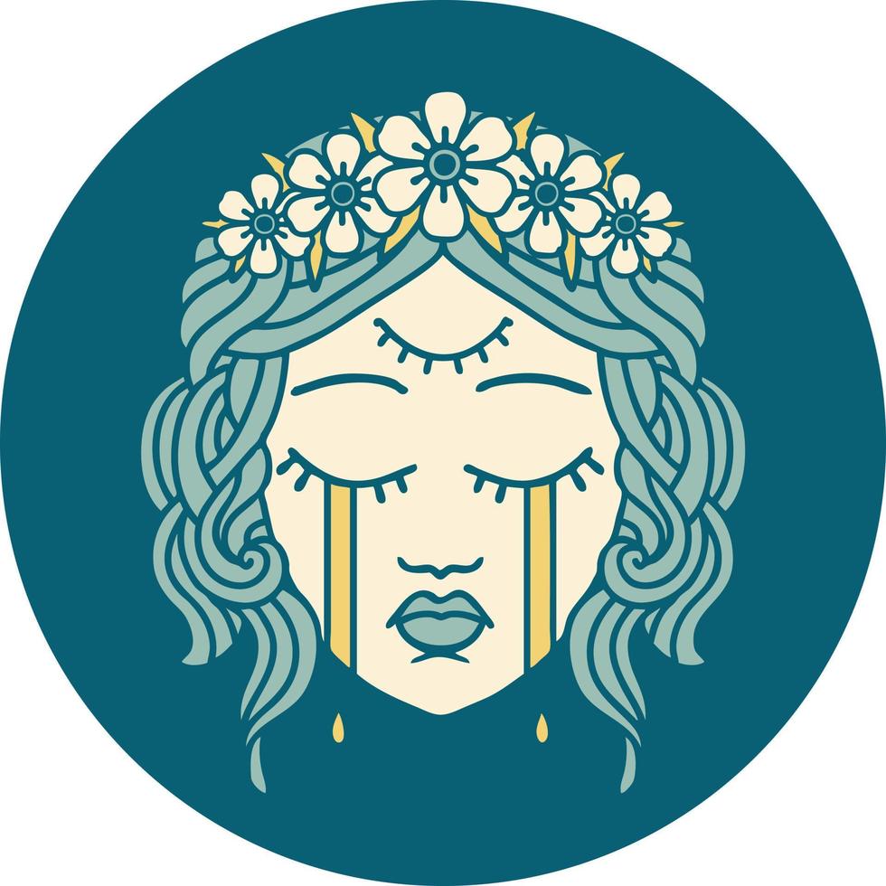 iconisch tatoeëren stijl beeld van vrouw gezicht met derde oog en kroon van bloemen huilend vector