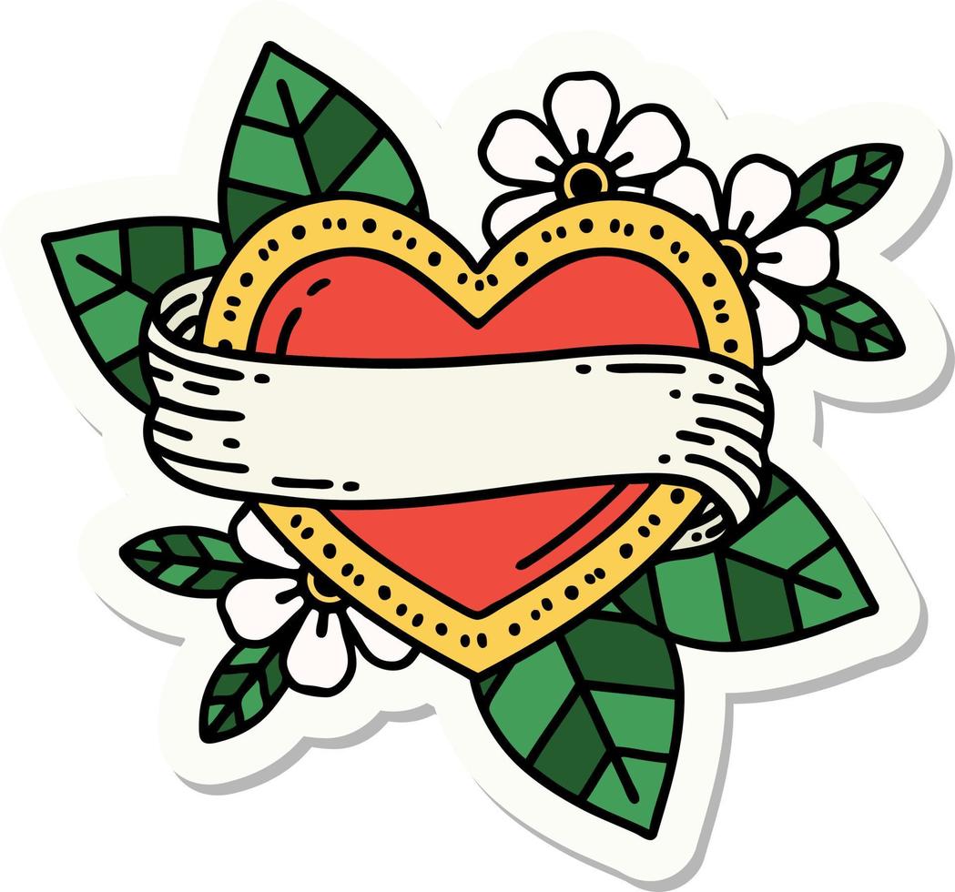 sticker van tatoeëren in traditioneel stijl van een hart en banier vector