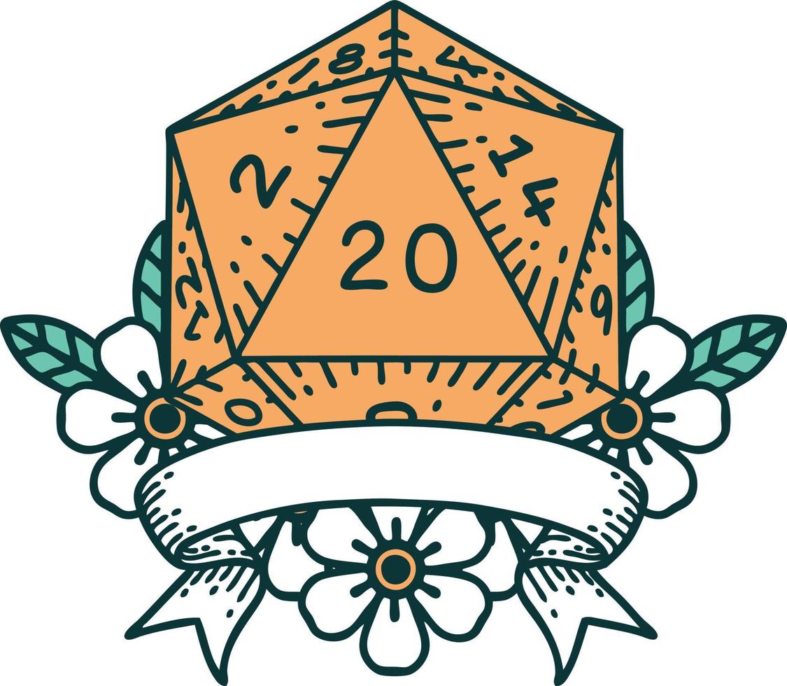 retro tatoeëren stijl natuurlijk 20 kritiek raken d20 Dobbelsteen rollen vector