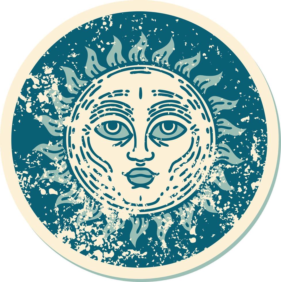 iconisch verontrust sticker tatoeëren stijl beeld van een zon met gezicht vector