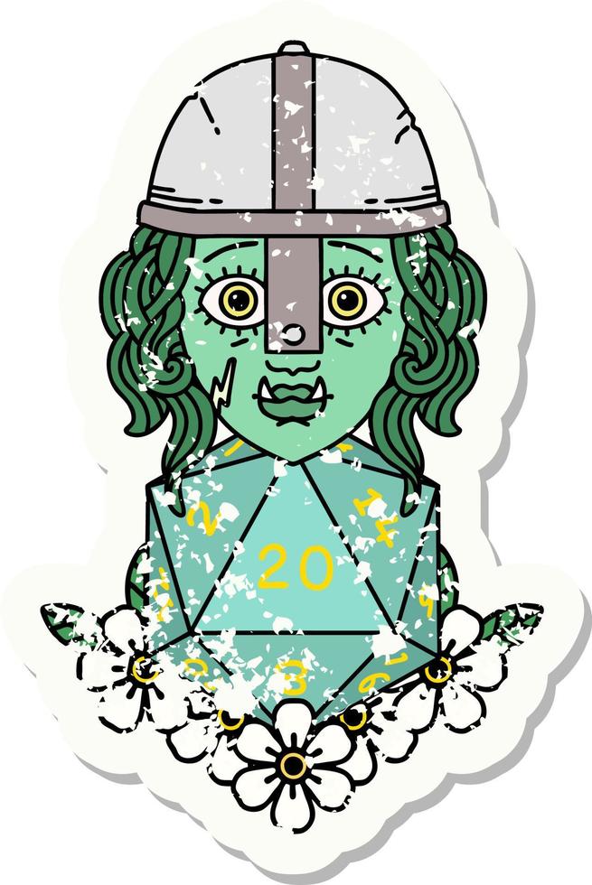 grunge sticker van een voor de helft orc vechter karakter met natuurlijk twintig Dobbelsteen rollen vector