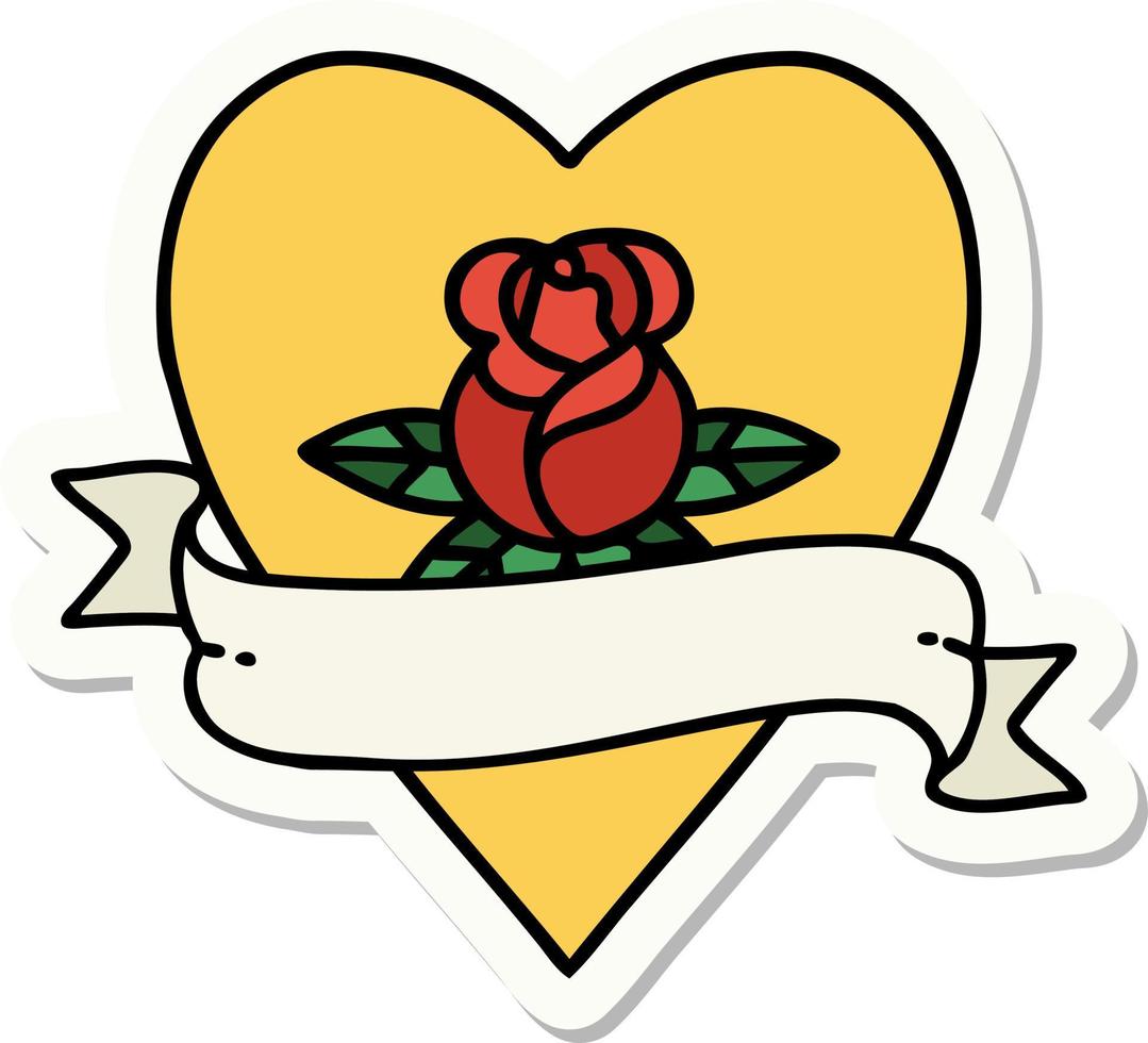 sticker van tatoeëren in traditioneel stijl van een hart roos en banier vector