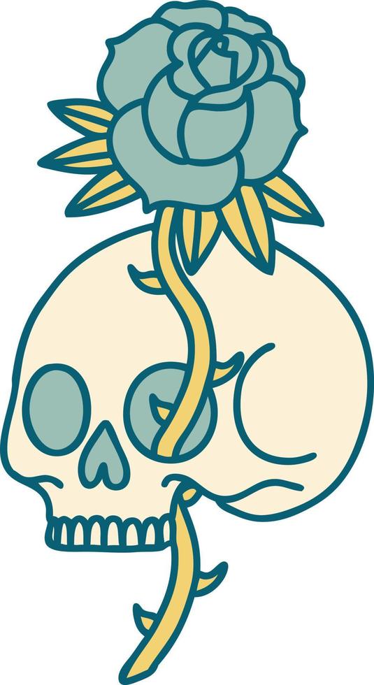 iconisch tatoeëren stijl beeld van een schedel en roos vector