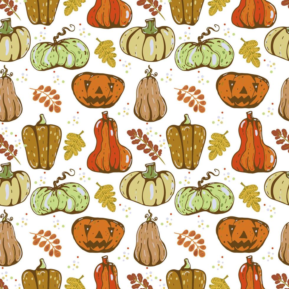 herfst naadloos vector patroon met pompoenen en vallen bladeren. hand- getrokken illustratie.