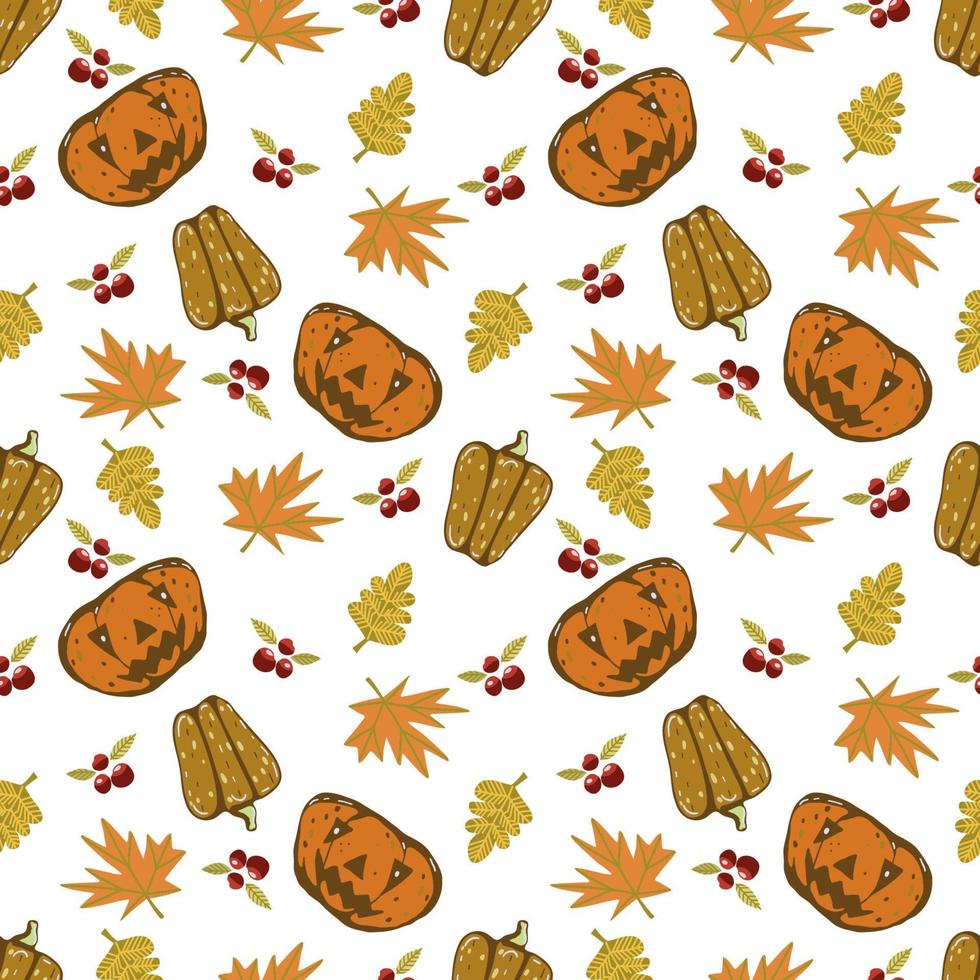 herfst naadloos vector patroon met pompoenen en vallen bladeren. hand- getrokken illustratie.