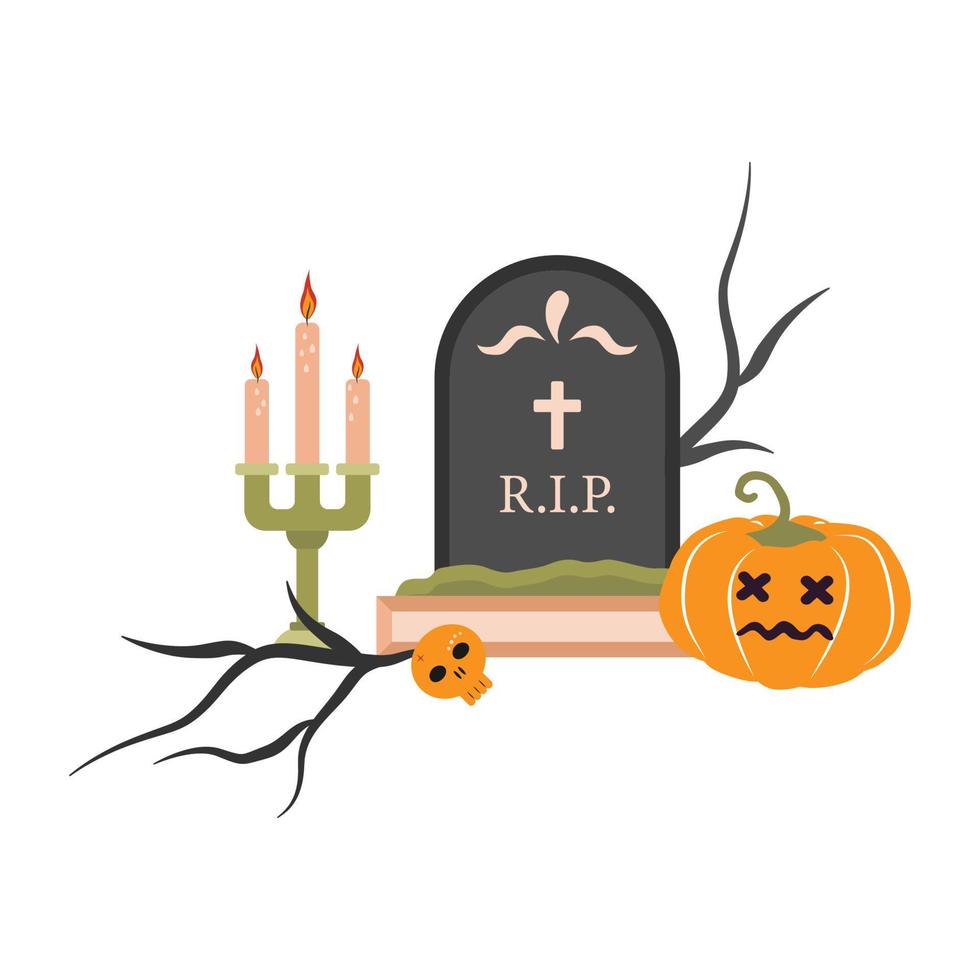 illustratie voor halloween met graf, pompoen en kaarsen. vector illustratie