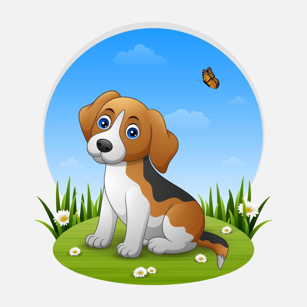 tekenfilm hond zittend Aan de gras achtergrond vector