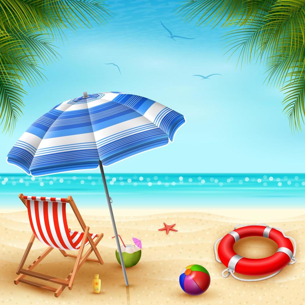 zijn zomer tijd banier met stoel gestreept, paraplu, en reddingsboei Aan een zonnig zomer achtergrond vector