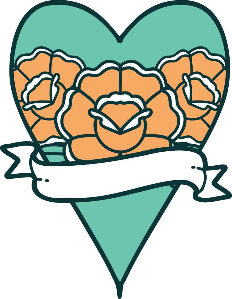 iconisch tatoeëren stijl beeld van een hart en banier met bloemen vector