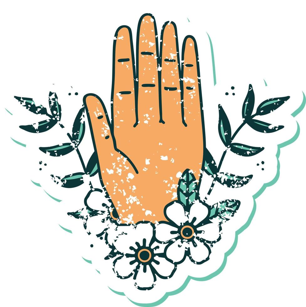 iconisch verontrust sticker tatoeëren stijl beeld van een hand- en bloem vector