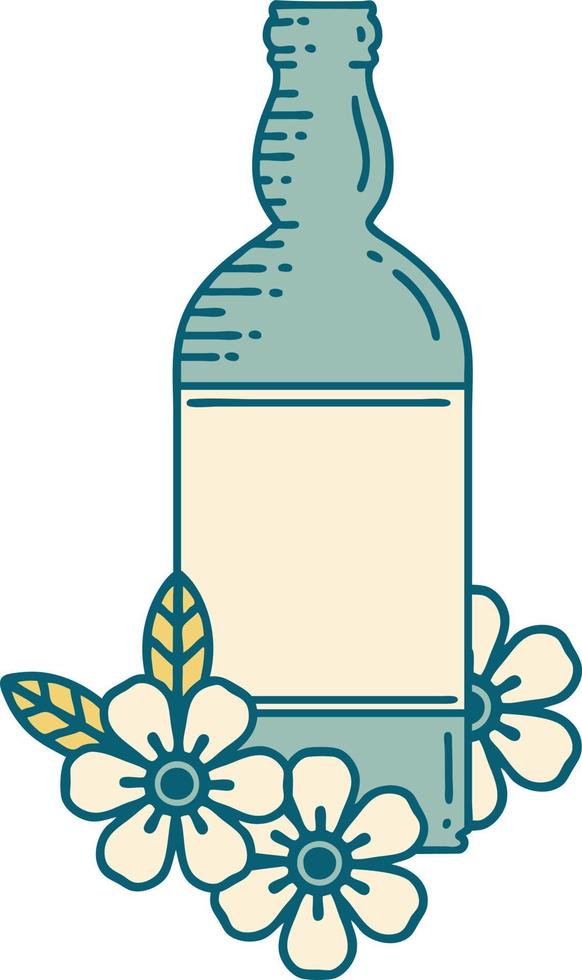 iconisch tatoeëren stijl beeld van een rum fles en bloemen vector