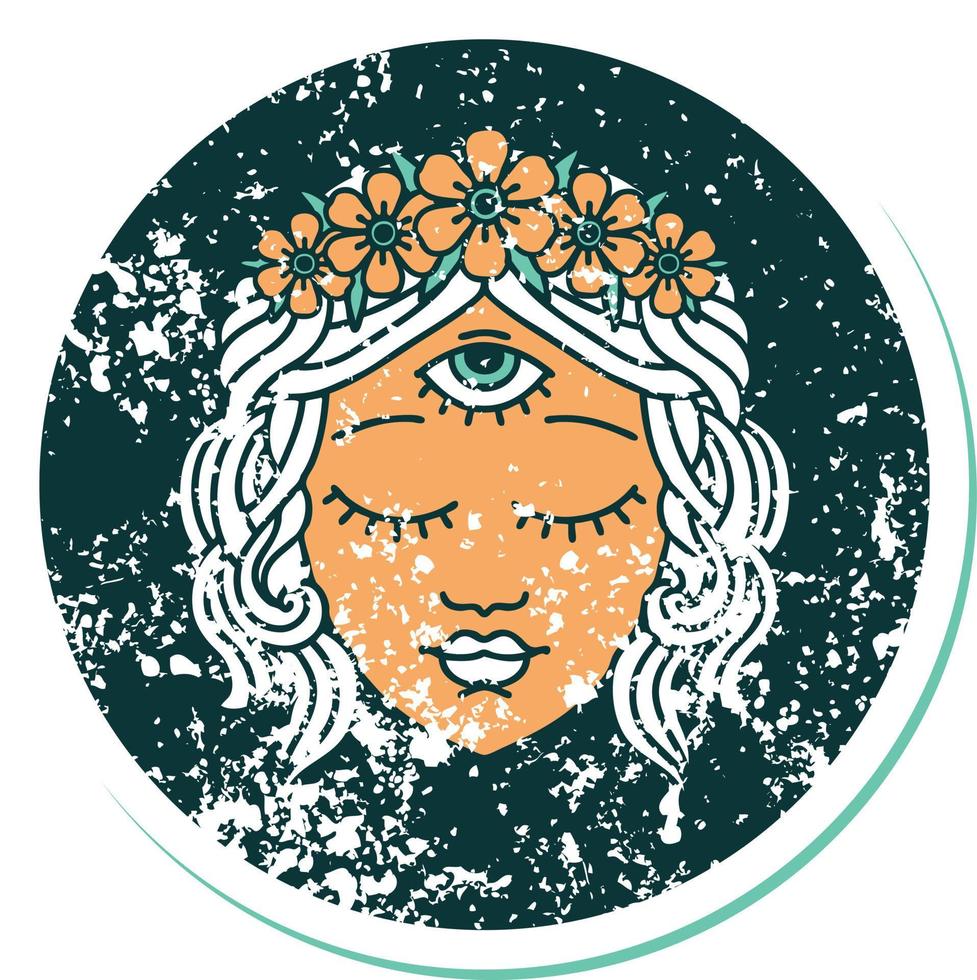 iconisch verontrust sticker tatoeëren stijl beeld van vrouw gezicht met derde oog en kroon van bloemen vector