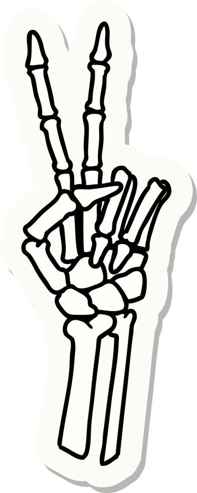 sticker van tatoeëren in traditioneel stijl van een skelet geven een vrede teken vector