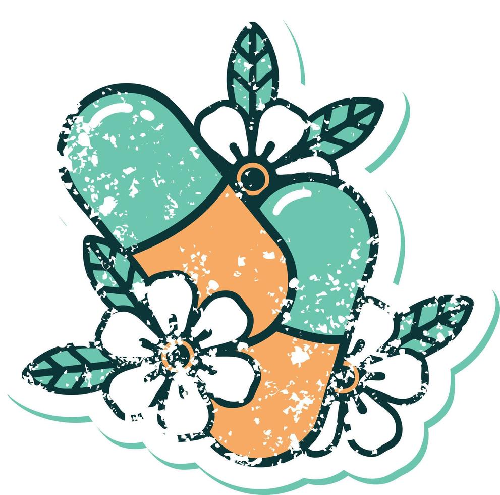 iconisch verontrust sticker tatoeëren stijl beeld van pillen en bloemen vector