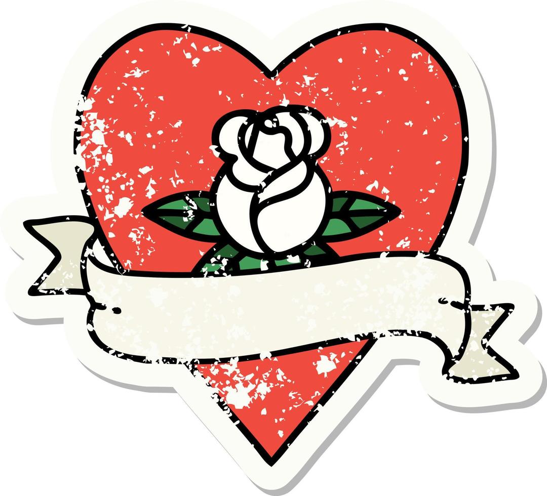 verontrust sticker tatoeëren in traditioneel stijl van een hart roos en banier vector