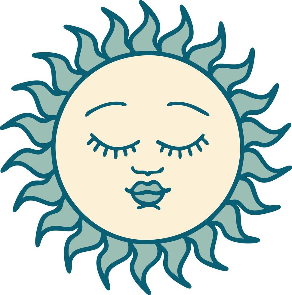iconisch tatoeëren stijl beeld van een zon met gezicht vector