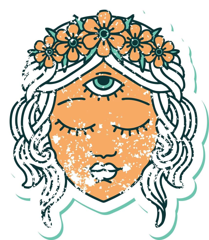 iconisch verontrust sticker tatoeëren stijl beeld van vrouw gezicht met derde oog en kroon van bloemen vector