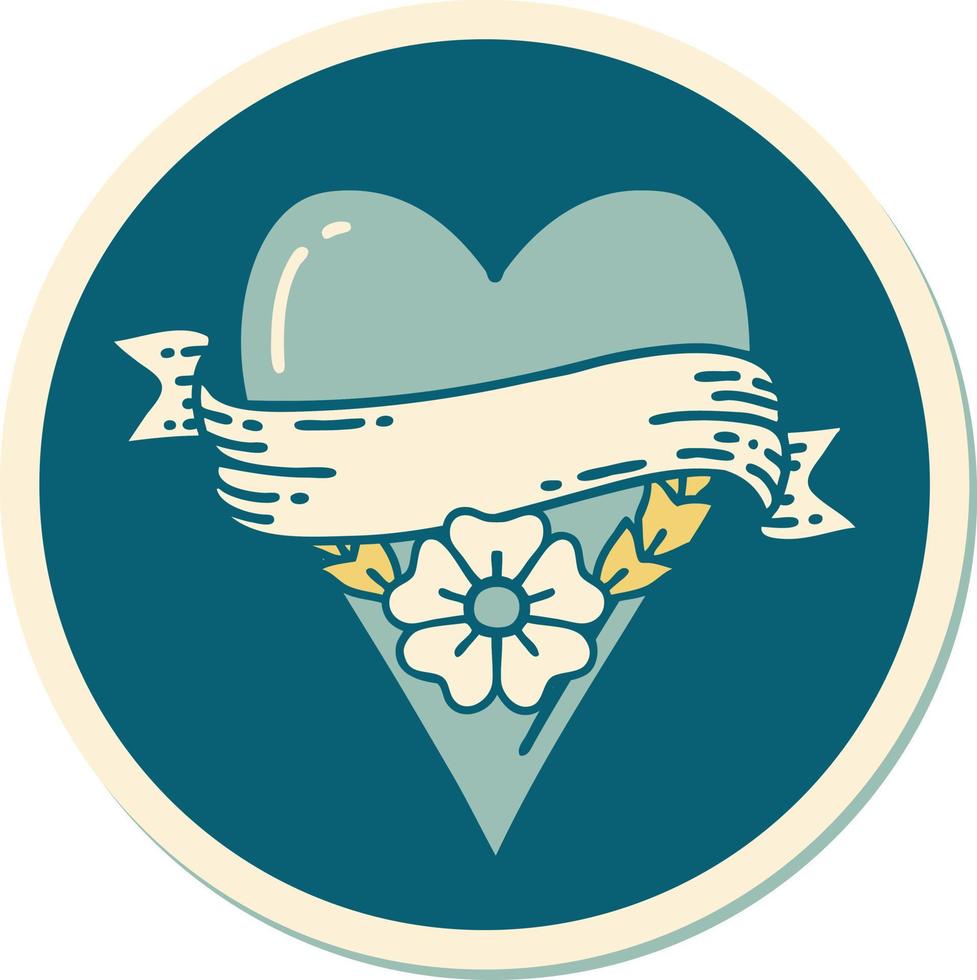sticker van tatoeëren in traditioneel stijl van een hart bloem en banier vector