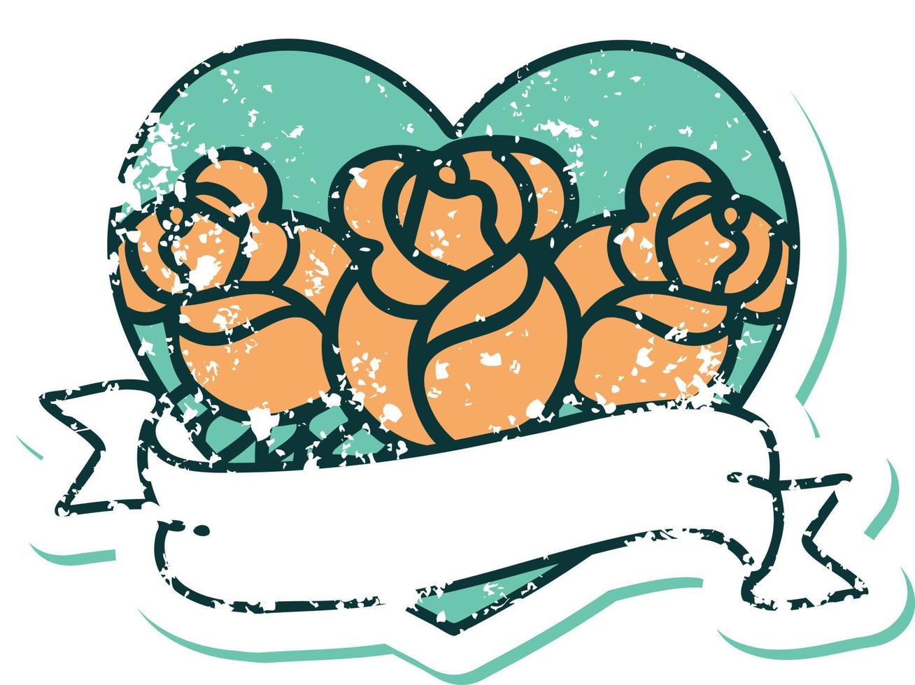 iconisch verontrust sticker tatoeëren stijl beeld van een hart en banier met bloemen vector