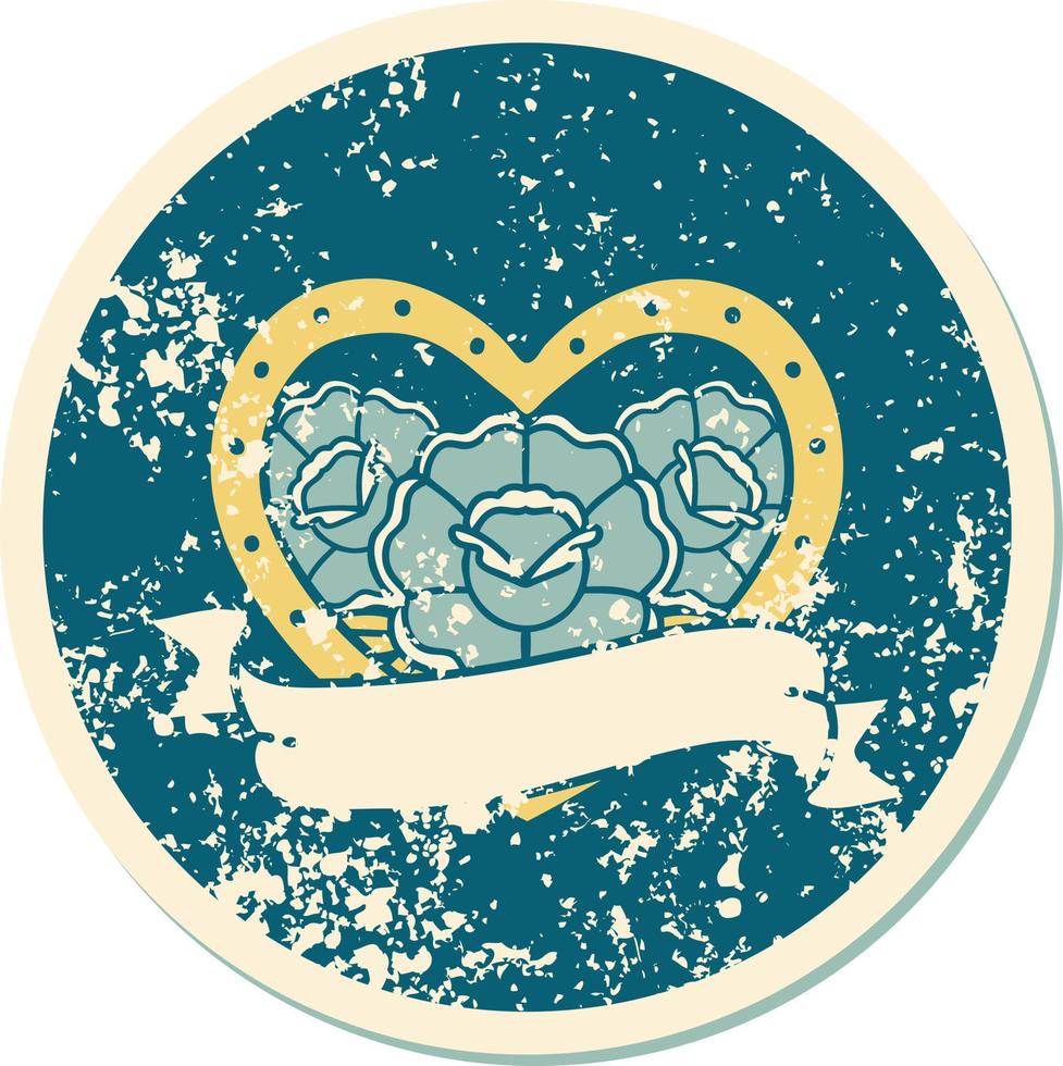iconisch verontrust sticker tatoeëren stijl beeld van een hart en banier met bloemen vector