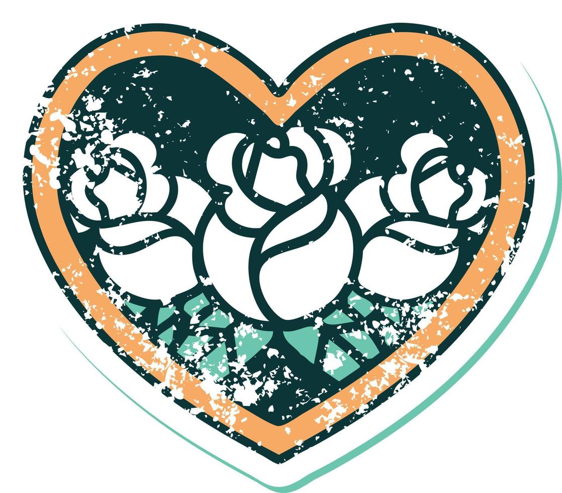 iconisch verontrust sticker tatoeëren stijl beeld van een hart en bloemen vector