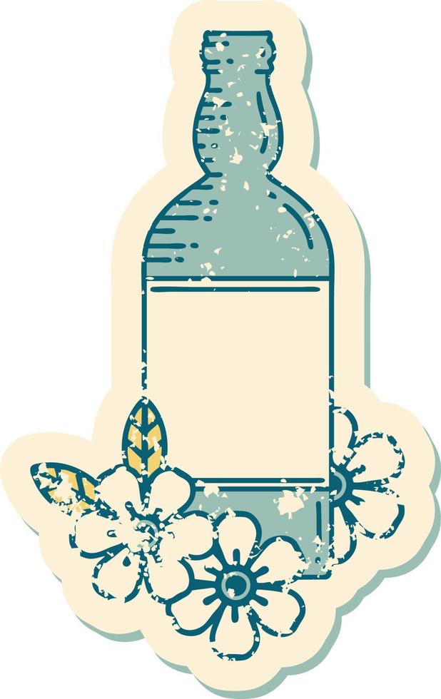 iconisch verontrust sticker tatoeëren stijl beeld van een rum fles en bloemen vector