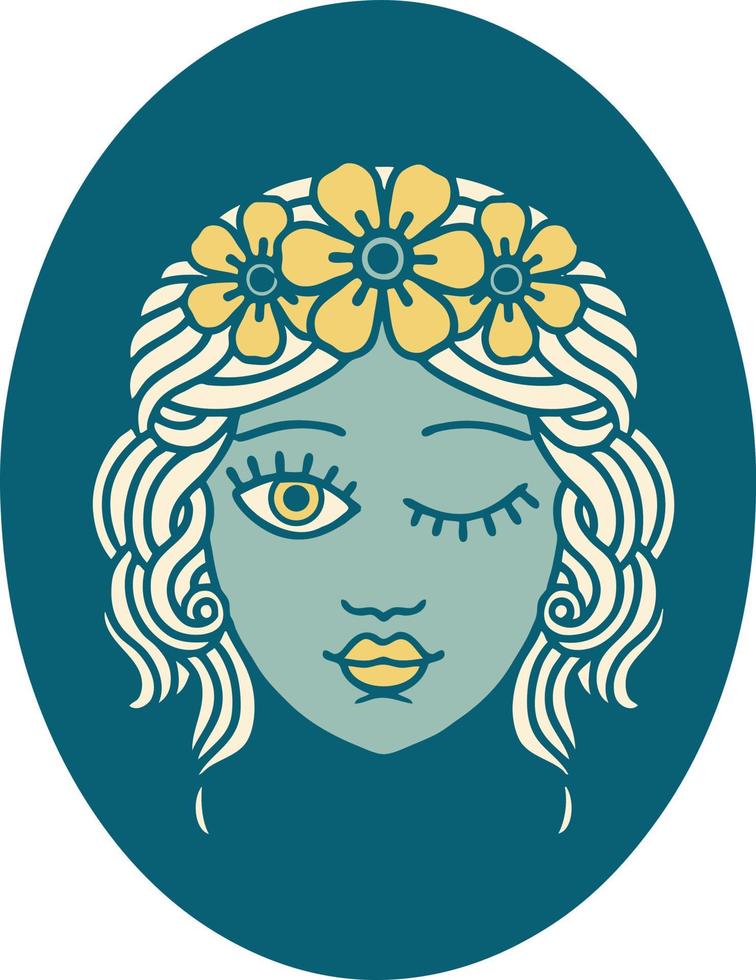 iconisch tatoeëren stijl beeld van een meisje met kroon van bloemen knipogen vector