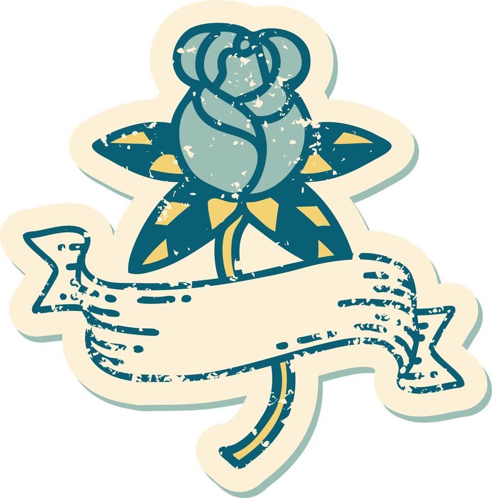 iconisch verontrust sticker tatoeëren stijl beeld van een roos en banier vector