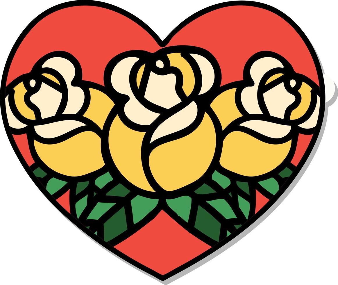 sticker van tatoeëren in traditioneel stijl van een hart en bloemen vector