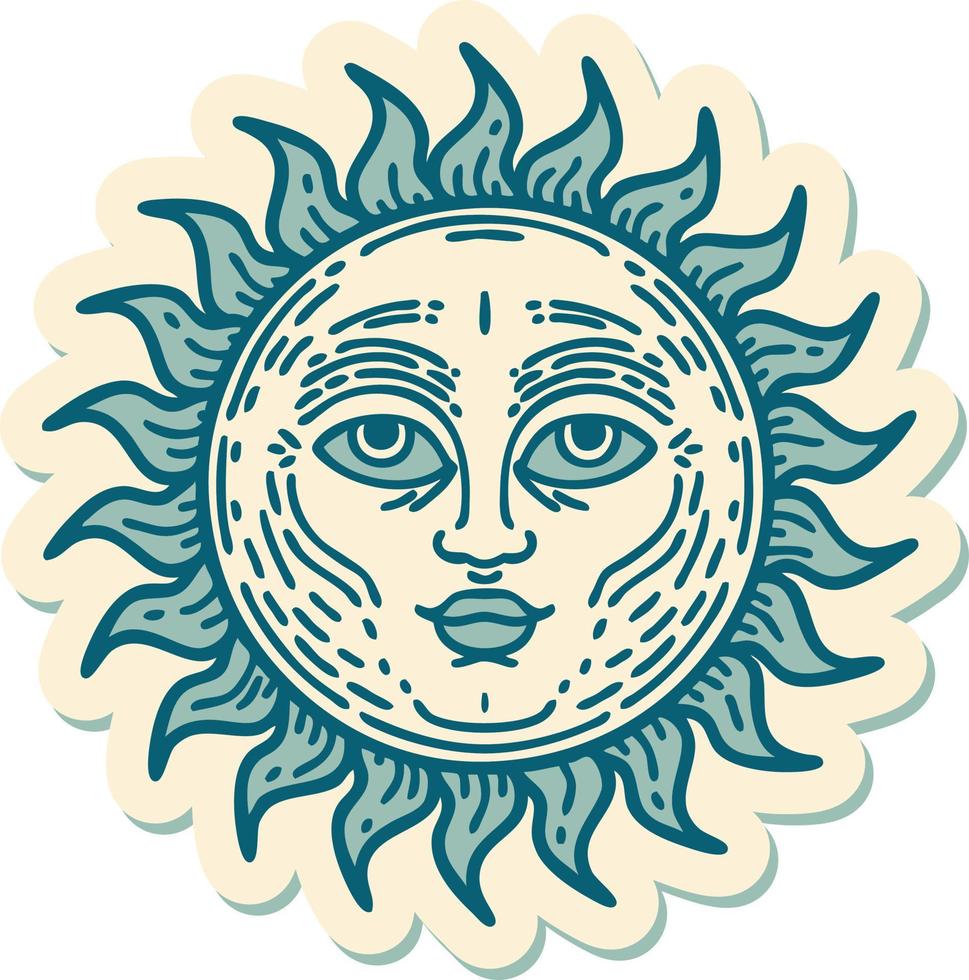sticker van tatoeëren in traditioneel stijl van een zon met gezicht vector