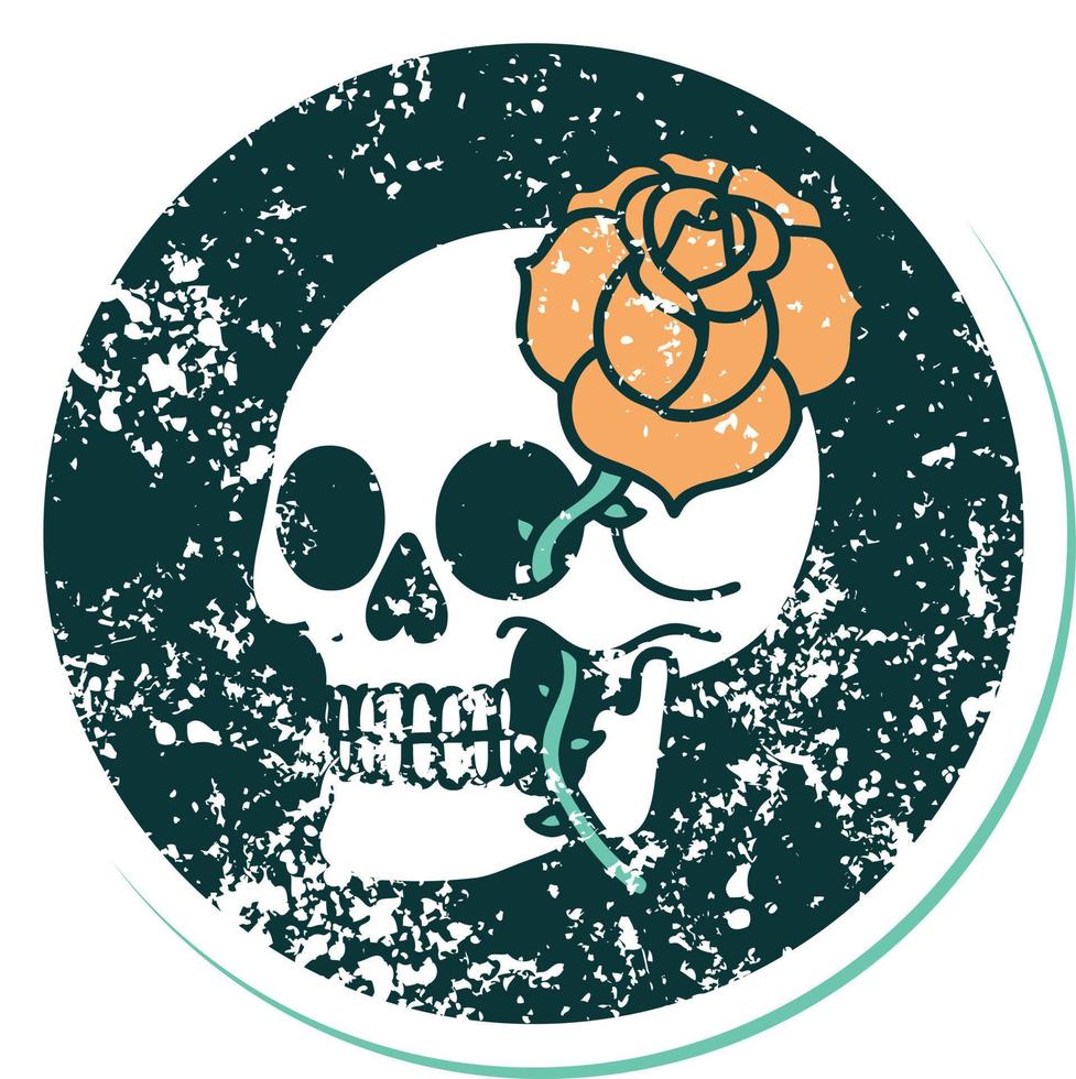 iconisch verontrust sticker tatoeëren stijl beeld van een schedel en roos vector