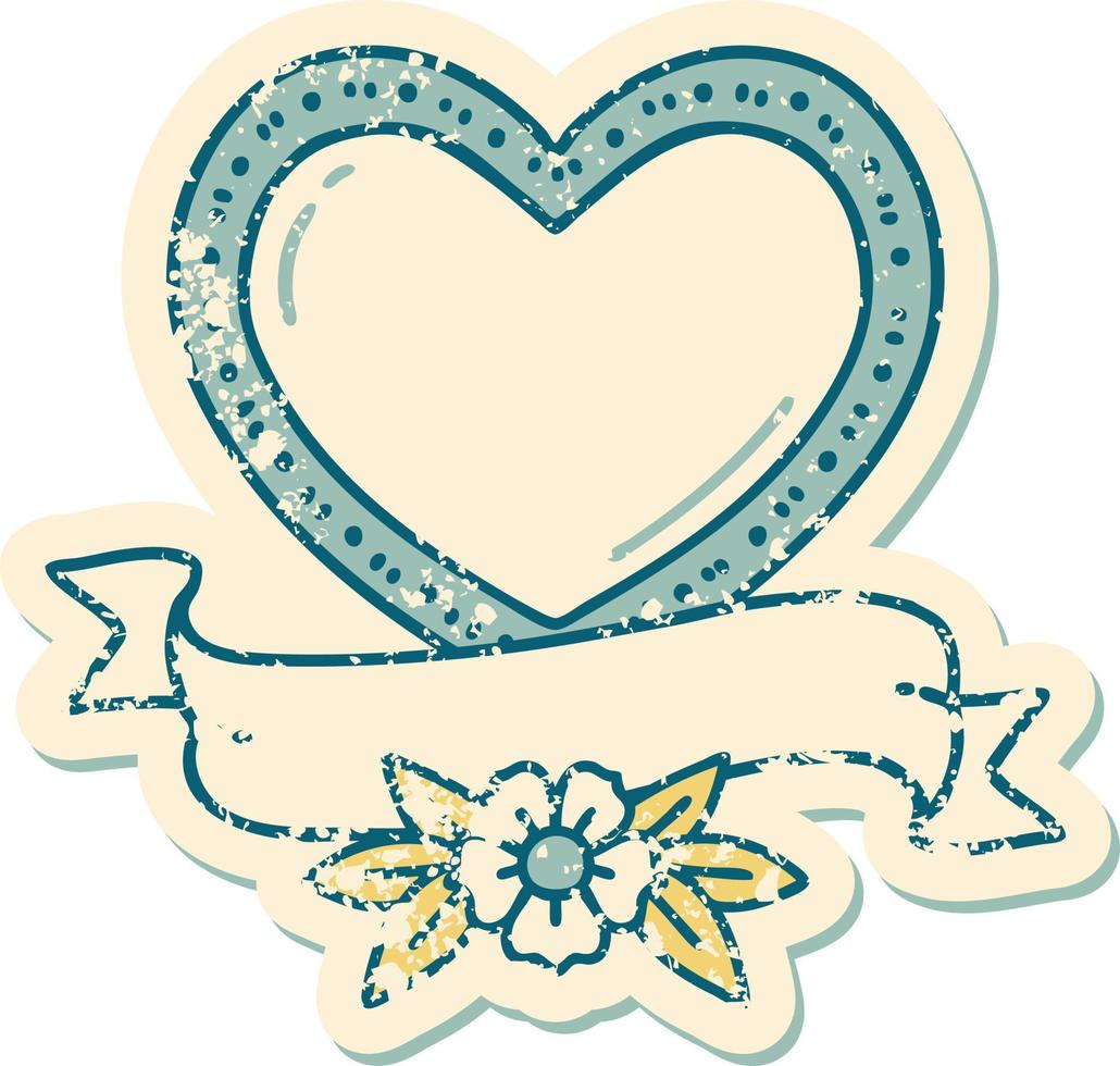 iconisch verontrust sticker tatoeëren stijl beeld van een hart en banier vector
