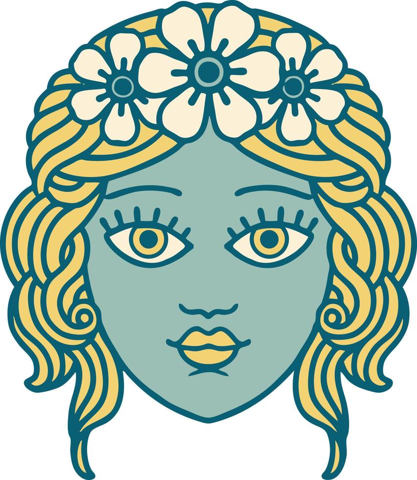 iconisch tatoeëren stijl beeld van vrouw gezicht met kroon van bloemen vector