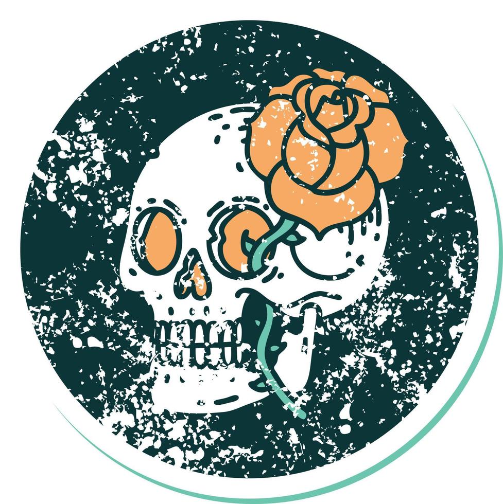 iconisch verontrust sticker tatoeëren stijl beeld van een schedel en roos vector