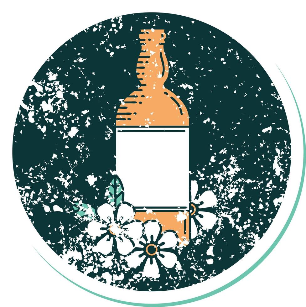 iconisch verontrust sticker tatoeëren stijl beeld van een rum fles en bloemen vector