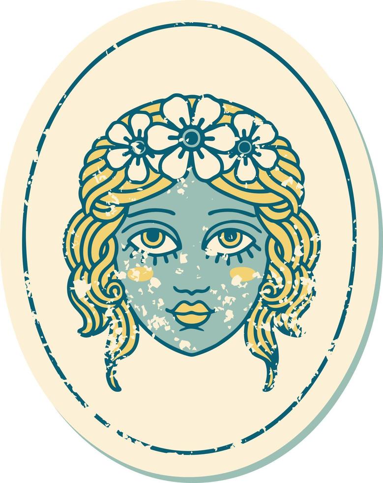 iconisch verontrust sticker tatoeëren stijl beeld van een meisje met bloemen in haar haar- vector