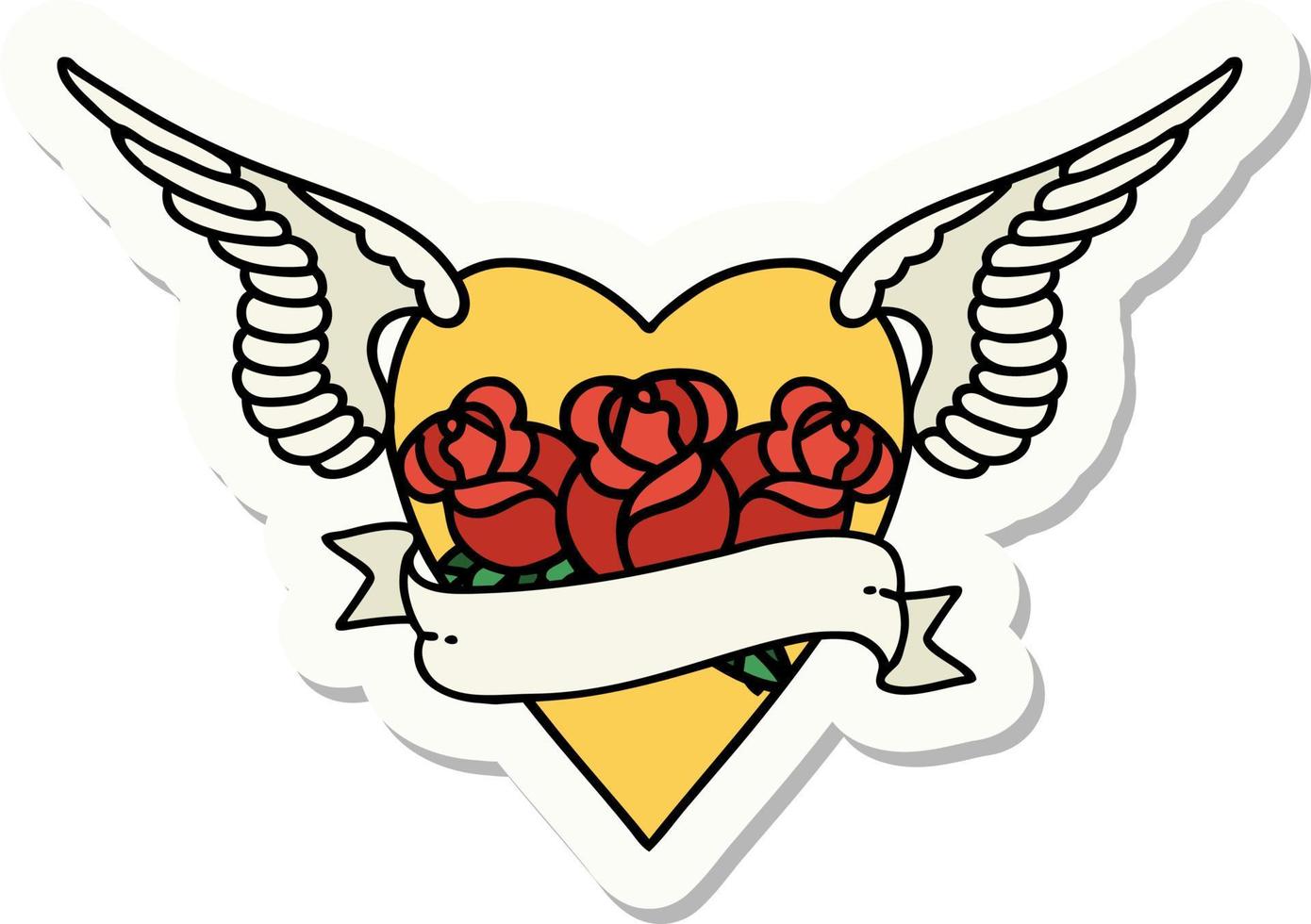 sticker van tatoeëren in traditioneel stijl van hart met Vleugels bloemen en banier vector