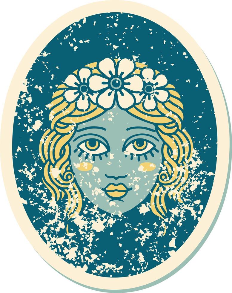 iconisch verontrust sticker tatoeëren stijl beeld van een meisje met bloemen in haar haar- vector