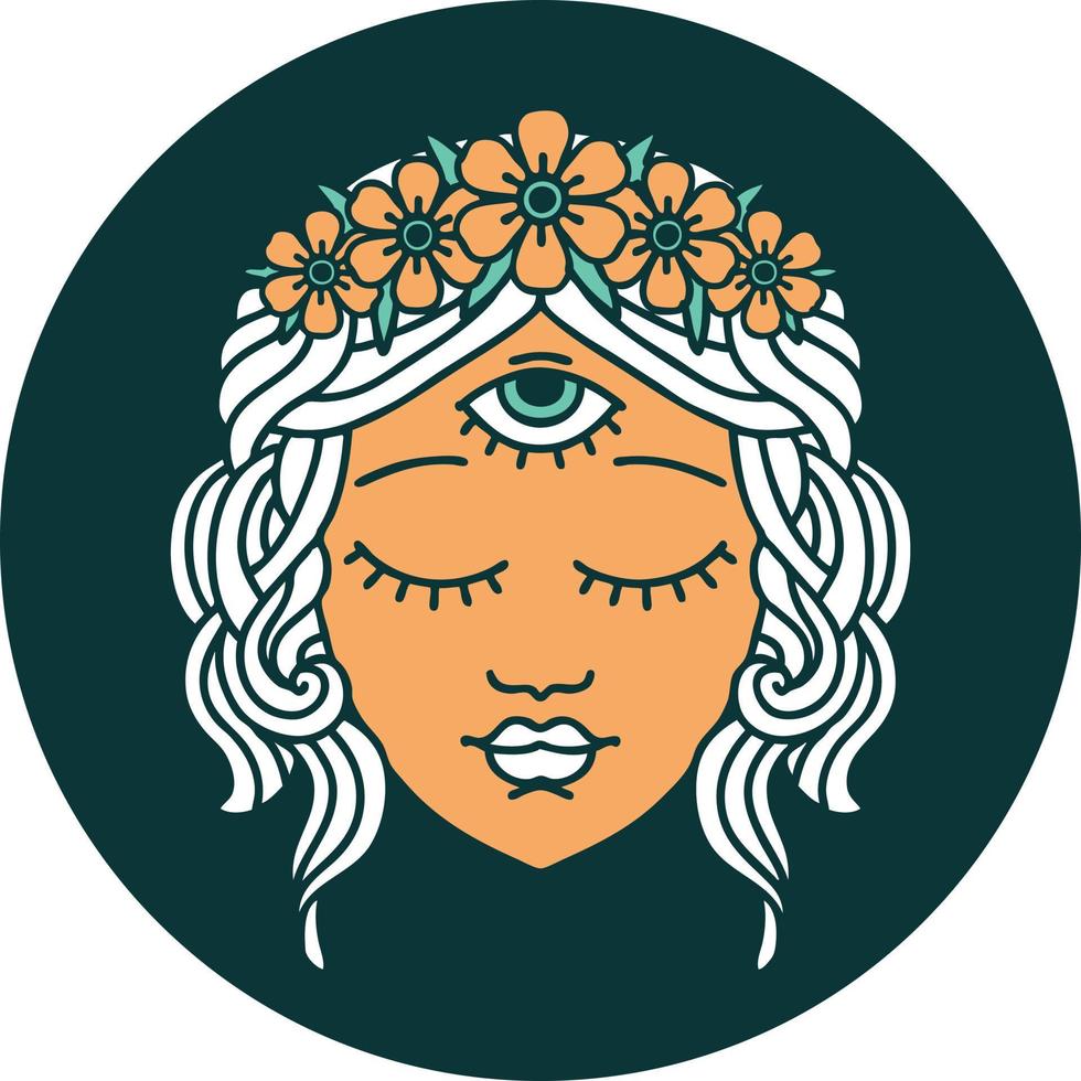 iconisch tatoeëren stijl beeld van vrouw gezicht met derde oog en kroon van bloemen vector