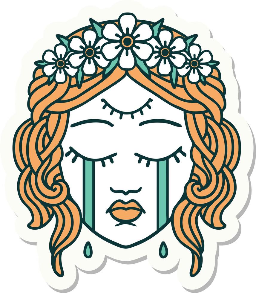 sticker van tatoeëren in traditioneel stijl van vrouw gezicht met derde oog en kroon van bloemen huilend vector