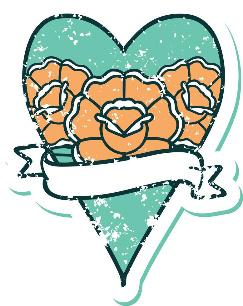 iconisch verontrust sticker tatoeëren stijl beeld van een hart en banier met bloemen vector