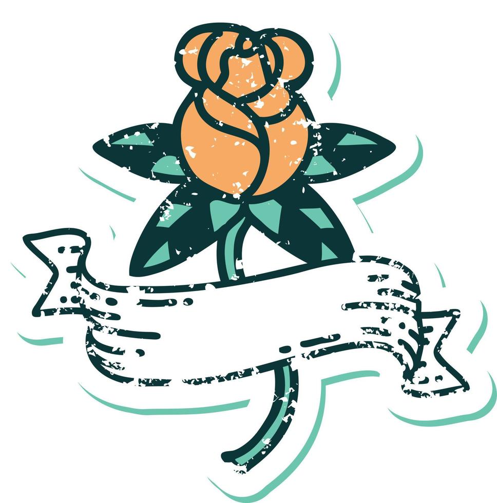iconisch verontrust sticker tatoeëren stijl beeld van een roos en banier vector