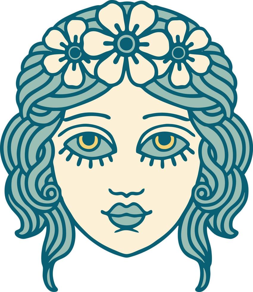 iconisch tatoeëren stijl beeld van vrouw gezicht met kroon van bloemen vector