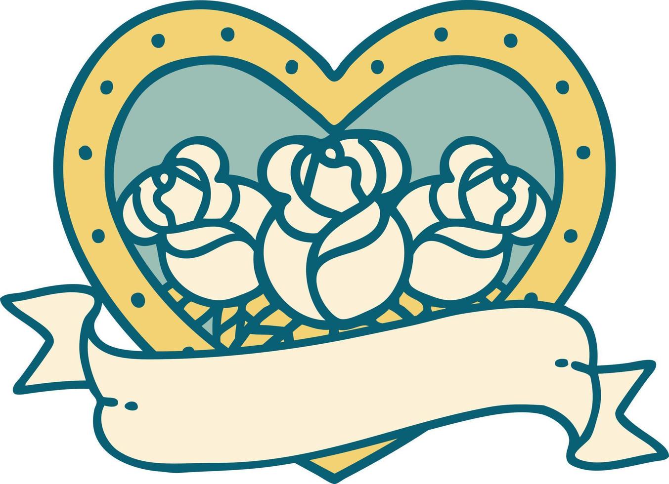 iconisch tatoeëren stijl beeld van een hart en banier met bloemen vector
