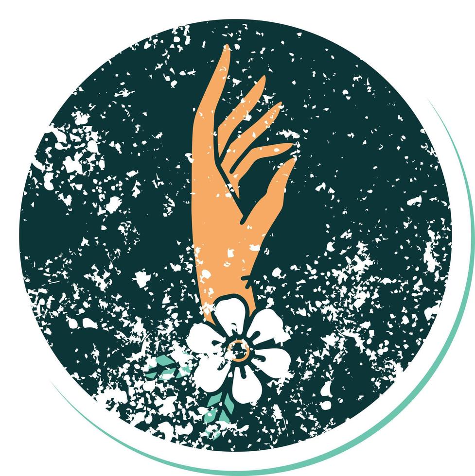 iconisch verontrust sticker tatoeëren stijl beeld van een hand- en bloem vector