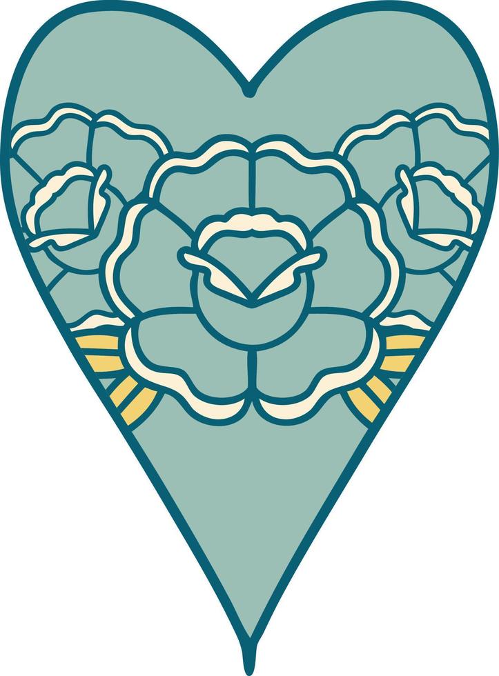 iconisch tatoeëren stijl beeld van een hart en bloemen vector