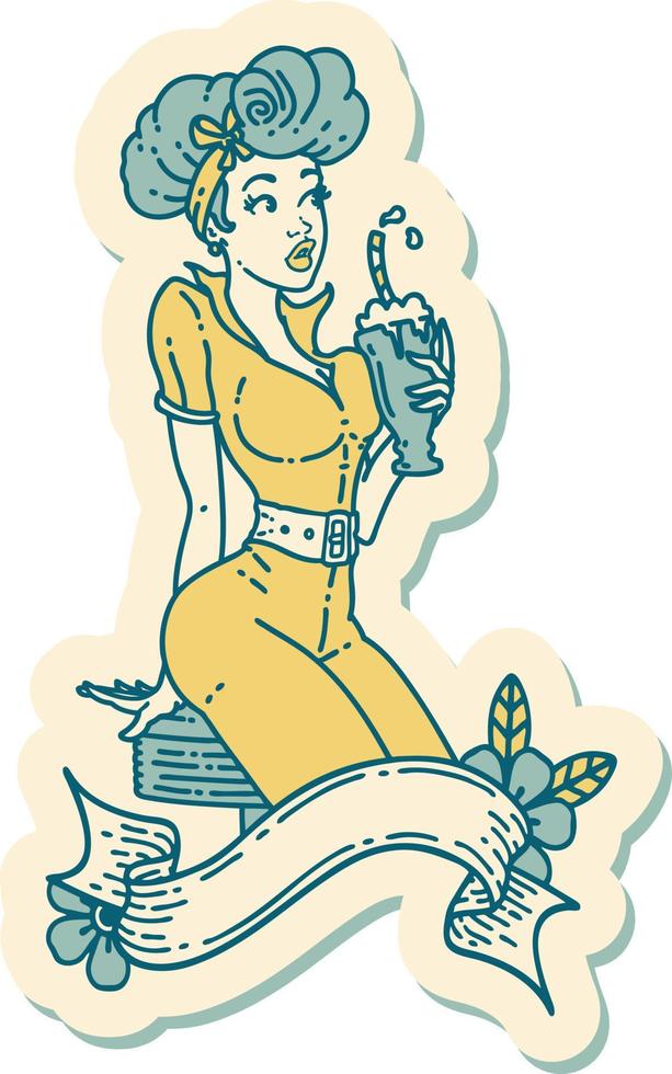 sticker van tatoeëren in traditioneel stijl van een vastpinnen meisje drinken een milkshake met banier vector