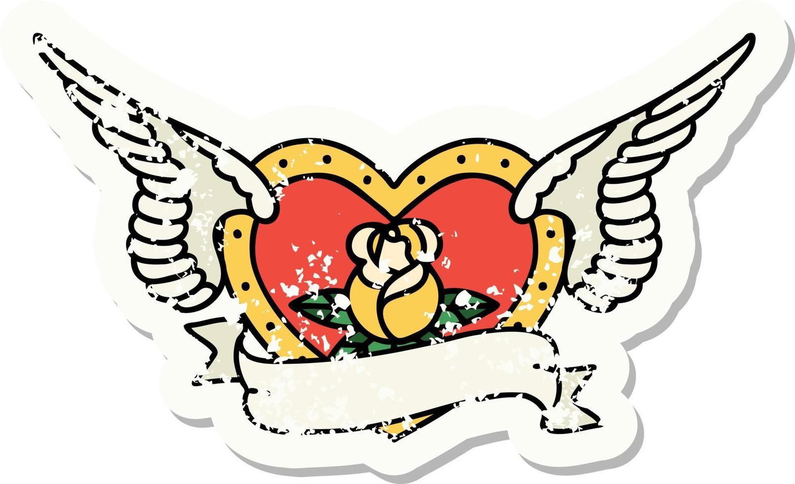 verontrust sticker tatoeëren in traditioneel stijl van een vliegend hart met bloemen en banier vector